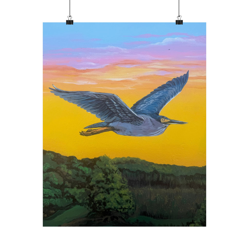 Green Heron Sunset Poster — Reflections of the Rock River Mural Print