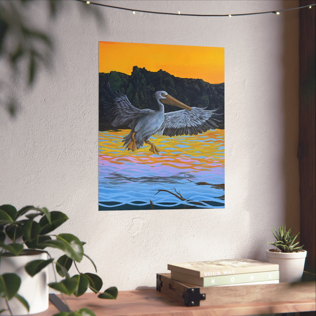 Pelican Sunset Coastal Wildlife Poster — Reflections of the Rock River Mural Print