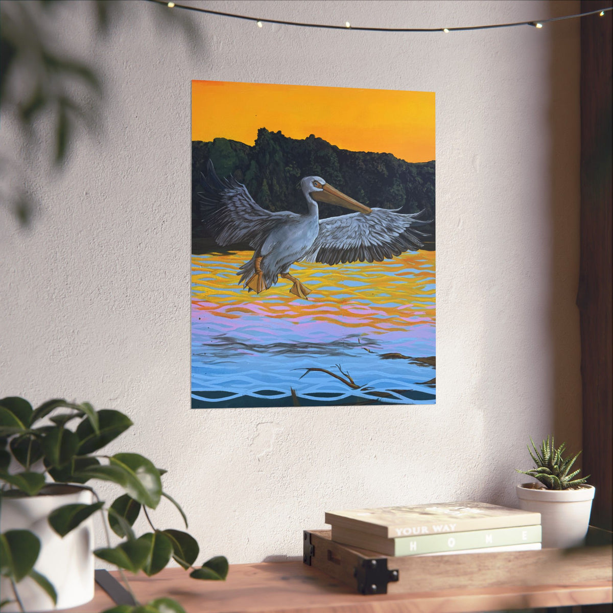 Pelican Sunset Coastal Wildlife Poster — Reflections of the Rock River Mural Print