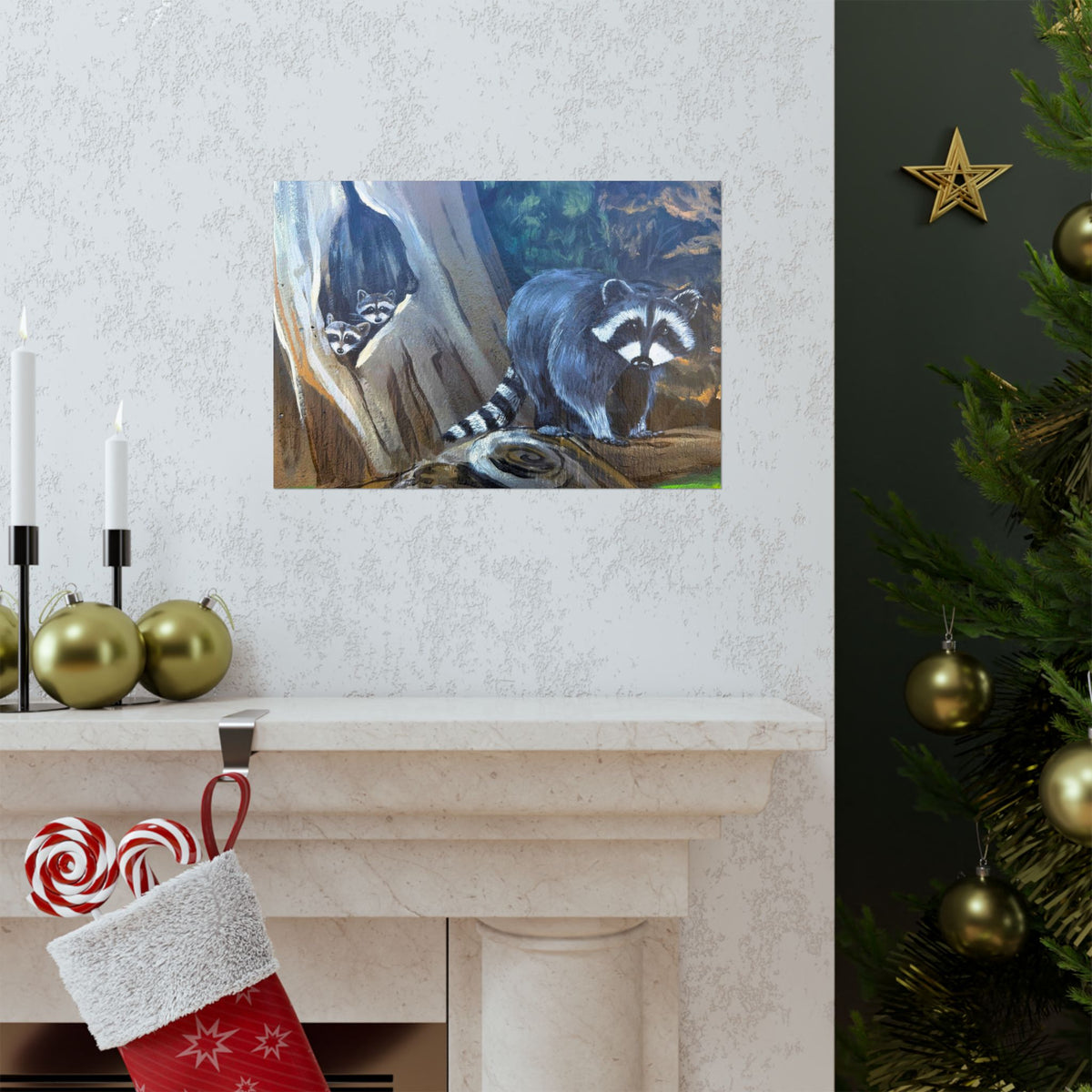 Raccoon Family Wildlife Forest Poster — Reflections of the Rock River Mural Prints