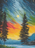 Original acrylic painting of a colorful night sky with silhouetted trees and glowing moon