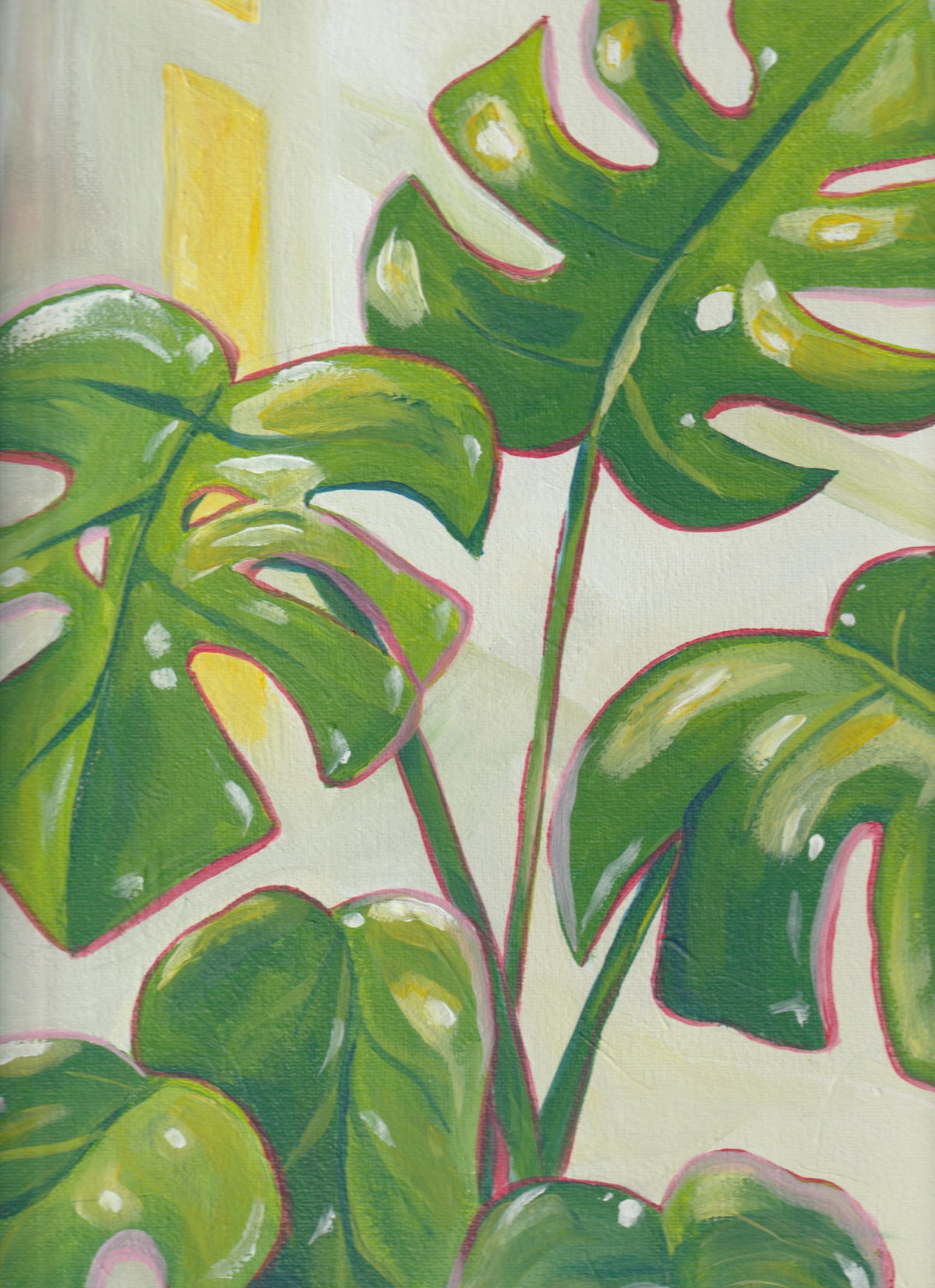 Original acrylic painting of green monstera leaves against a light background