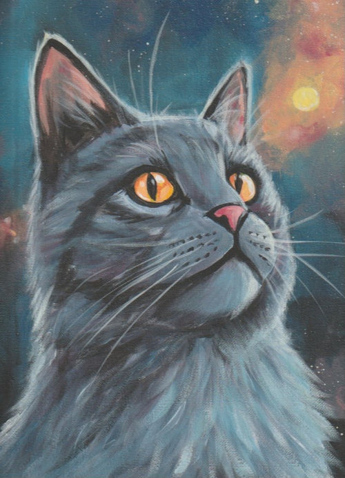 Original acrylic painting of a gray cat with amber eyes against a colorful starry sky