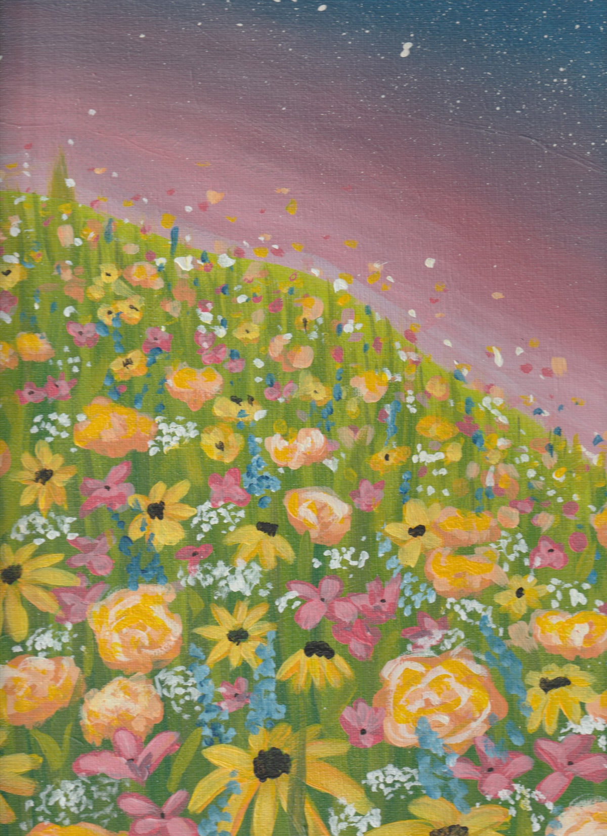 Original acrylic painting of a colorful field of wildflowers beneath a pink and blue sky